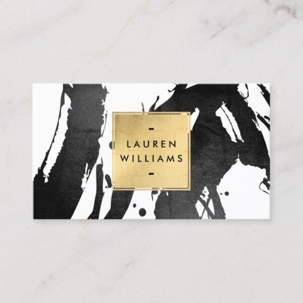 Abstract Black Brushstrokes with Faux Gold Foil Business Card