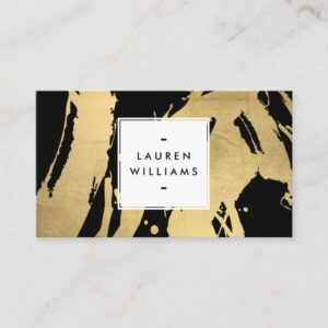 Abstract Faux Gold Foil Brushstrokes on Black Business Card