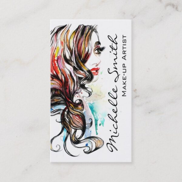 Abstract Watercolor ink colorful woman makeup Business Card