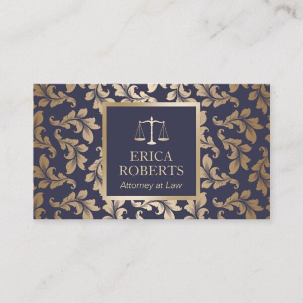 Attorney at Law Luxury Blue & Gold Damask Lawyer Business Card