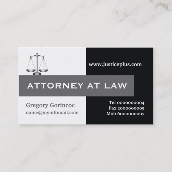 Attorney at law scale of justice grey, black business card