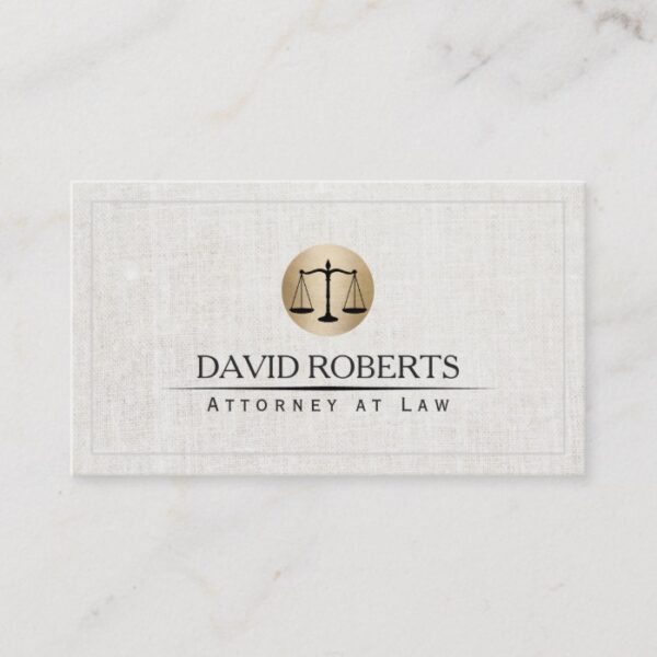 Attorney Lawyer Gold Law Scale Logo Elegant Linen Business Card