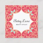 Beautiful Coral Red Rose Gold Swirls Beauty Salon Square Business Card