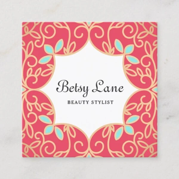 Beautiful Coral Red Rose Gold Swirls Beauty Salon Square Business Card