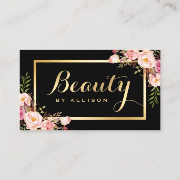 Beauty Script Makeup Salon Black Gold Floral Business Card