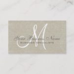 Beige Linen Grey Simple Plain Monogram Business Card