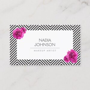 Black and White Pattern with Pink Flowers Beauty Business Card