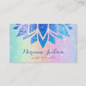 blue faux glitter lotus flower on rainbow pattern business card