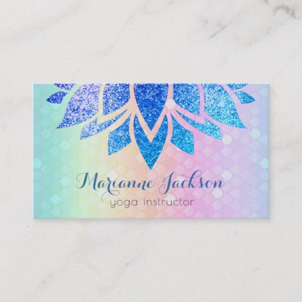 blue faux glitter lotus flower on rainbow pattern business card