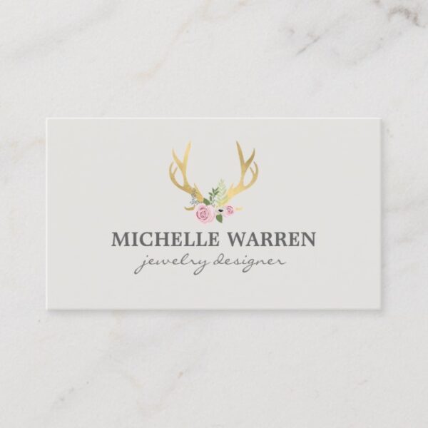 Bohemian Gold Antlers with Flowers II Business Card