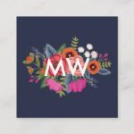 Boho Floral Bouquets – Navy Blue – Monogram Square Business Card