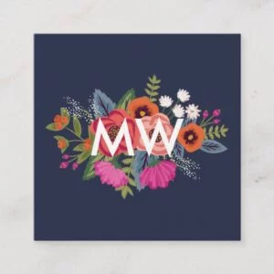 Boho Floral Bouquets - Navy Blue - Monogram Square Business Card