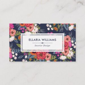Boho Floral Pattern - Navy Blue & Coral Business Card