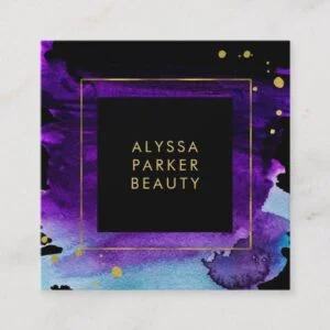 Bold Watercolor Splash with Faux Gold Look Accents Square Business Card
