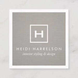 Box Logo Monogram on Gray Linen/White Border Square Business Card