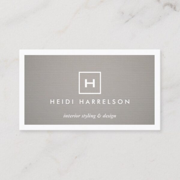 BOX LOGO w YOUR INITIAL/MONOGRAM on GRAY LINEN 2 Business Card