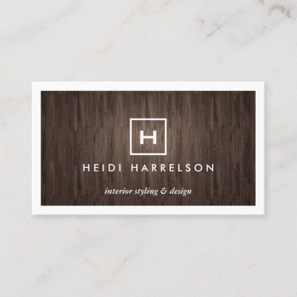 BOX LOGO with YOUR INITIAL/MONOGRAM on DARK WOOD Business Card