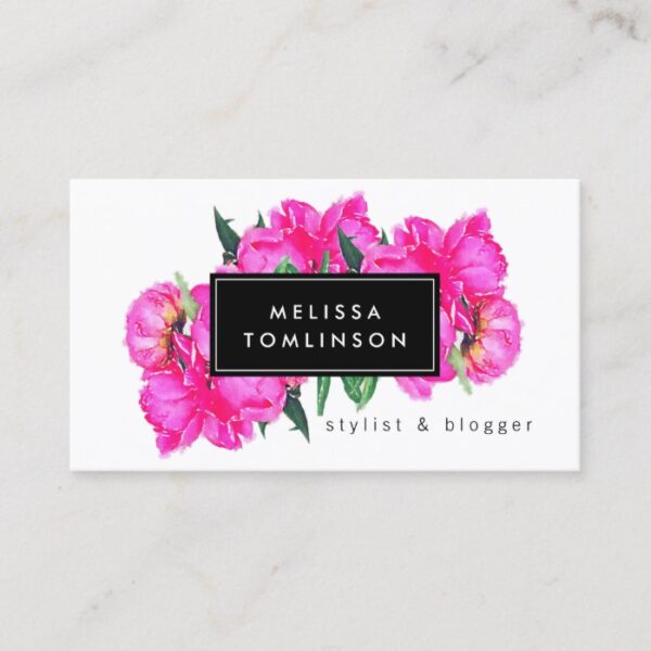 Bright Watercolor Pink Peonies Floral Bouquet Business Card