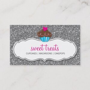 BUSINESS CARD cute cupcake pink silver glitter