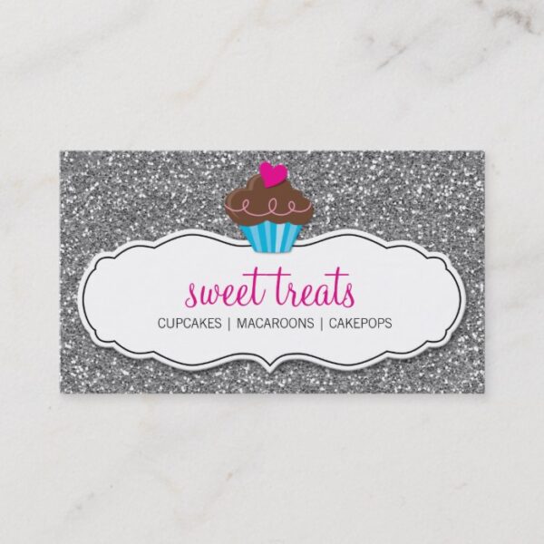 BUSINESS CARD cute cupcake pink silver glitter
