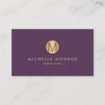 Chic Faux Gold Minimalist Monogram Purple Linen Business Card