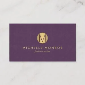 Chic Faux Gold Minimalist Monogram Purple Linen Business Card
