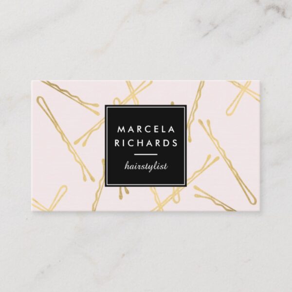Chic Gold Bobby Pins Hair Stylist Salon Pink Business Card