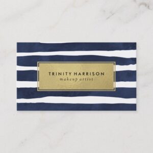 Chic Navy Blue Stripes | Glam Faux Gold Foil Business Card