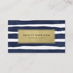Chic Navy Blue Stripes | Glam Faux Gold Foil Business Card