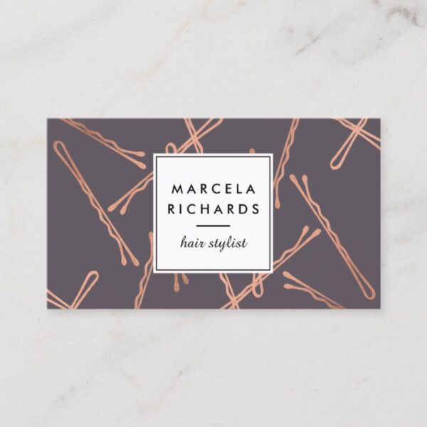 Chic Rose Gold Bobby Pins Hair Stylist Salon Gray Business Card
