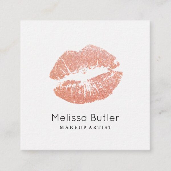 Chic Rose Gold Glitter Lips Makeup Artist Square Business Card