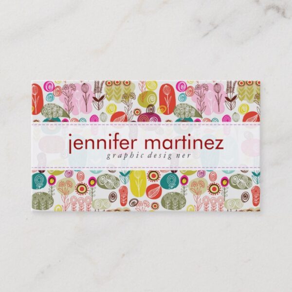 Colorful Simple Hand Drawn Retro Flowers Pattern 4 Business Card