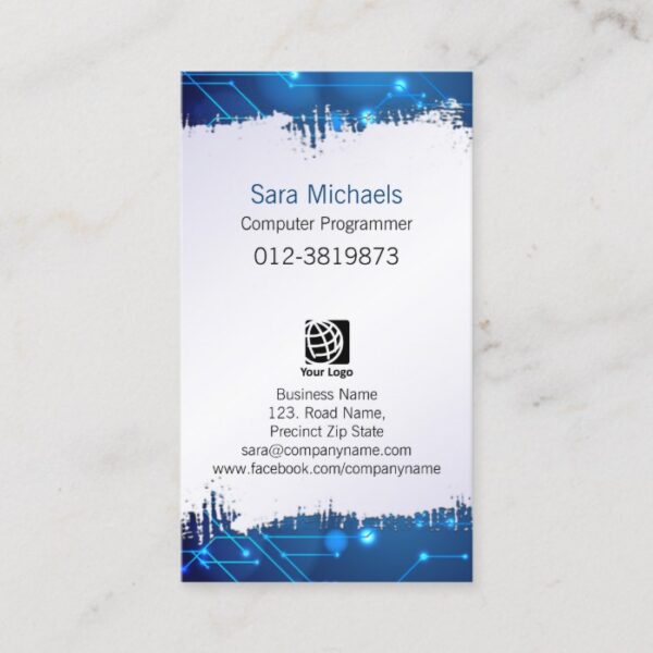 Computer Programmer Ripped Paper Blue Circuits Business Card