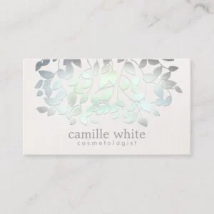 Cosmetology Spa Blue Green Leaves Linen Look Business Card