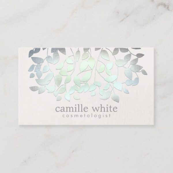 Cosmetology Spa Blue Green Leaves Linen Look Business Card