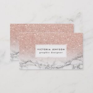 Custom faux rose pink glitter ombre white marble business card