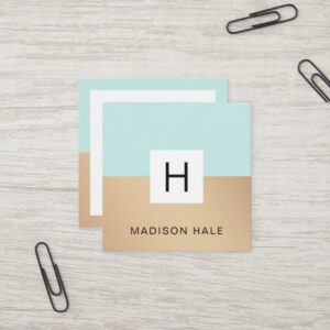 Cute Modern Turquoise Gold Monogram Beauty Stylist Square Business Card