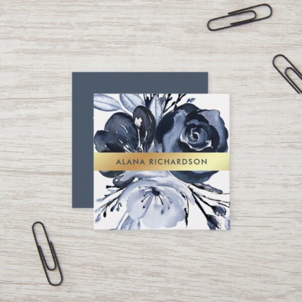 Dark Modern Floral with Faux Gold Look Square Business Card