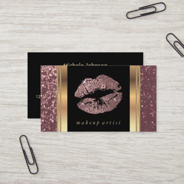 Dusty Rose Gold Glitter Lips and Elegant Gold Business Card