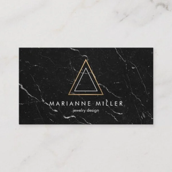 Edgy Rose Gold Triangle Logo Black Marble Business Card