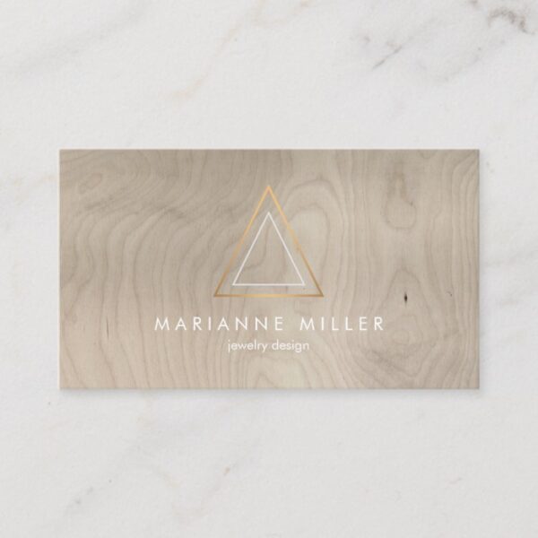 Edgy Rose Gold Triangle Logo on Beige Wood Business Card