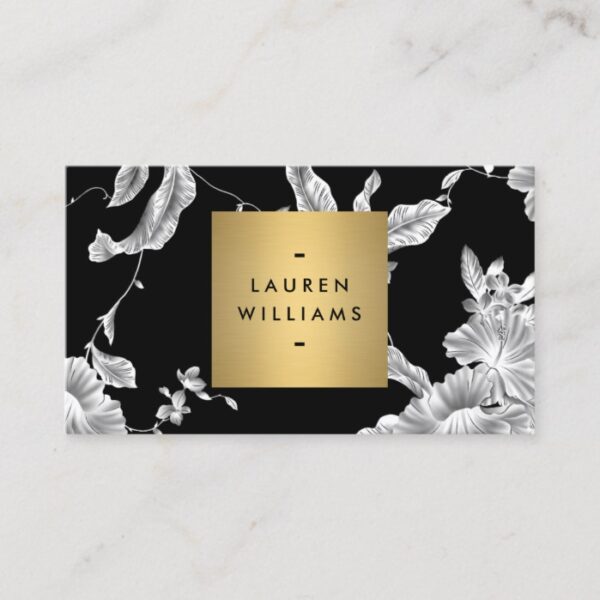 Elegant Black Floral Pattern 3 with Gold Name Logo Business Card