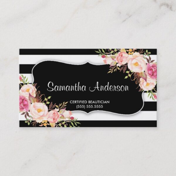 Elegant Floral Black White Stripe Beauty Salon Business Card