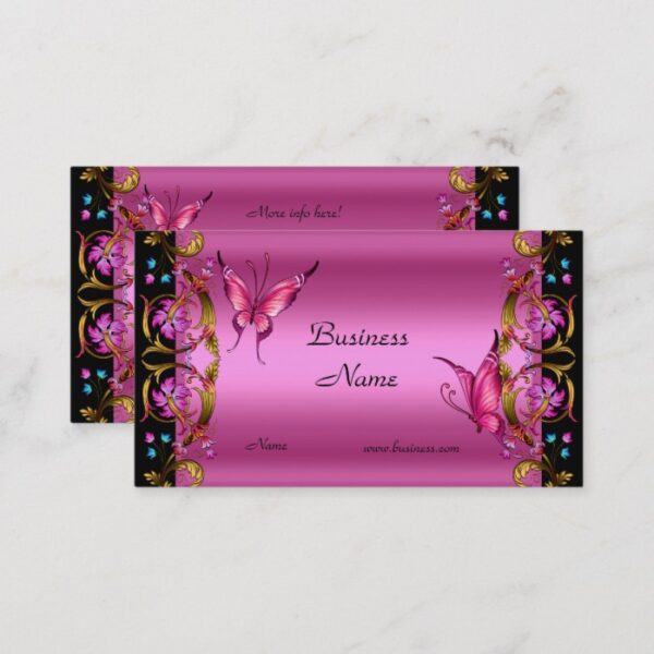Elegant Floral Gold Pink Black Butterfly Business Card