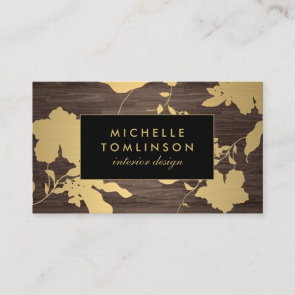 Elegant Gold Floral Pattern Dark Wood Designer Business Card