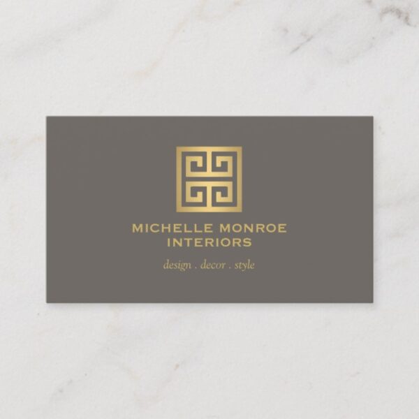 Elegant Gold Greek Key Interior Designer Taupe Business Card
