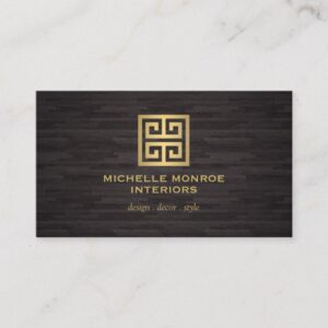 Elegant Gold Greek Key Interior Designer Woodgrain Business Card