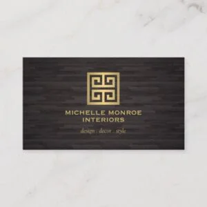 Elegant Gold Greek Key Interior Designer Woodgrain Business Card