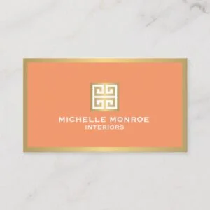 Elegant Gold Greek Key on Coral Interior Designer Business Card