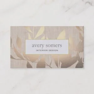 Elegant Gold Leaves Modern Interior Design Beige Business Card